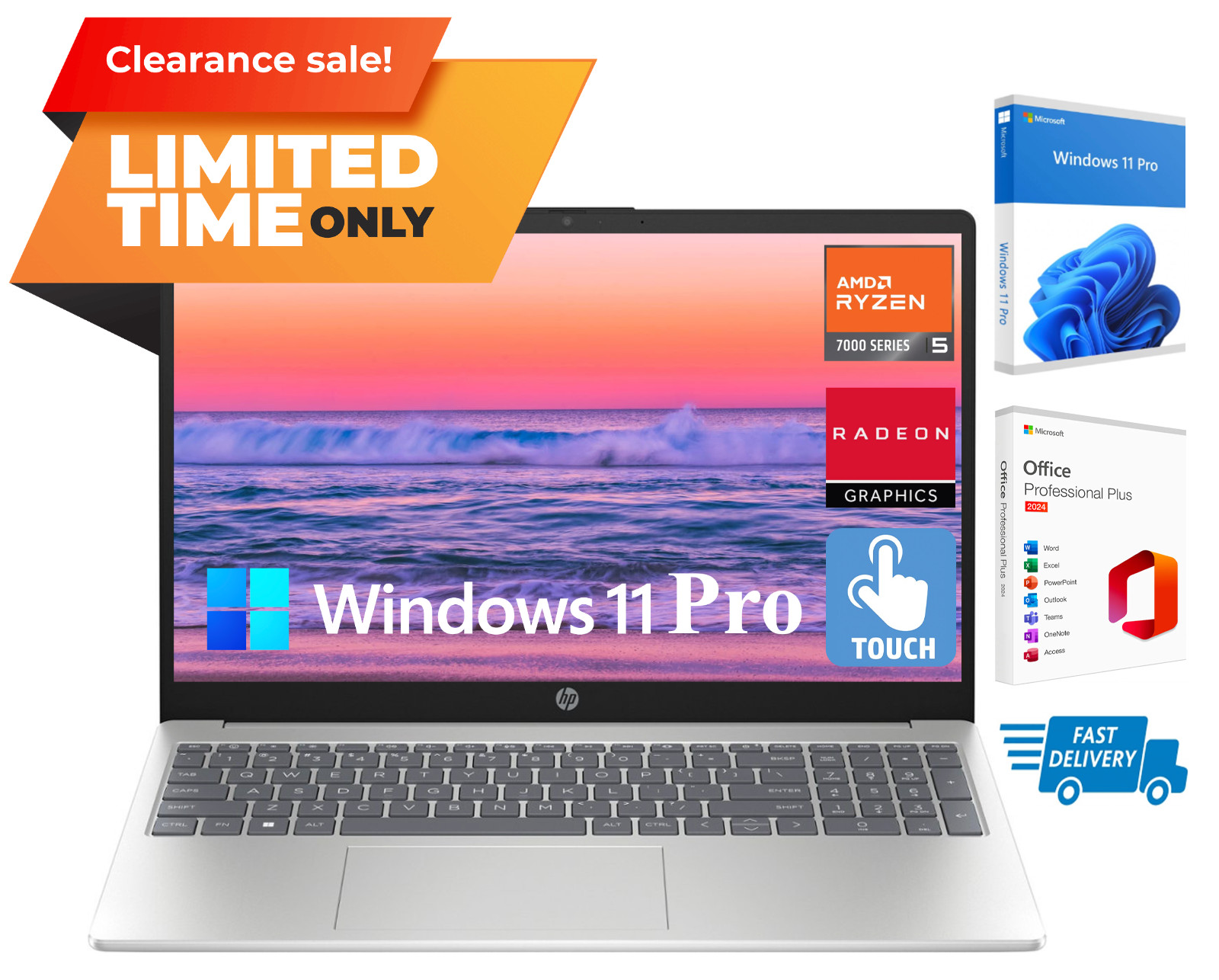 NEW HP Laptop Notebook 15.6″ Touch, Office 2024 AMD Ryzen 5, 8GB RAM & 256GB SSD
