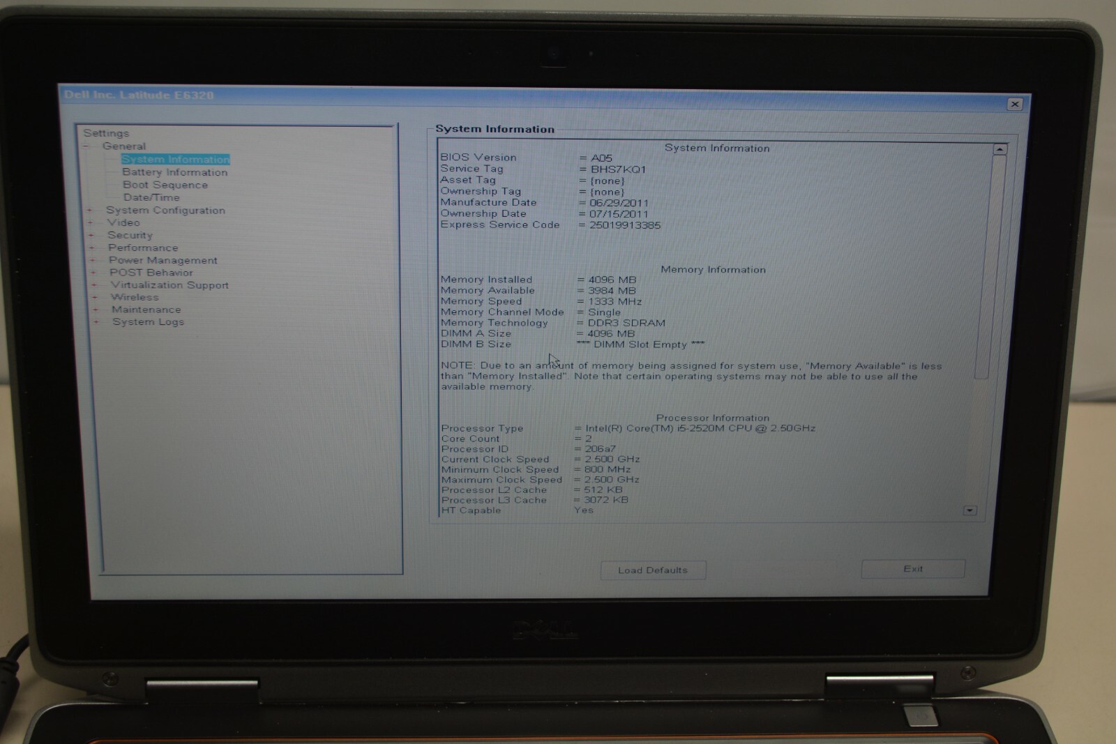 Dell Latitude E6320 i5-2520M 2.50GHz 4GB RAM No HDD #L3