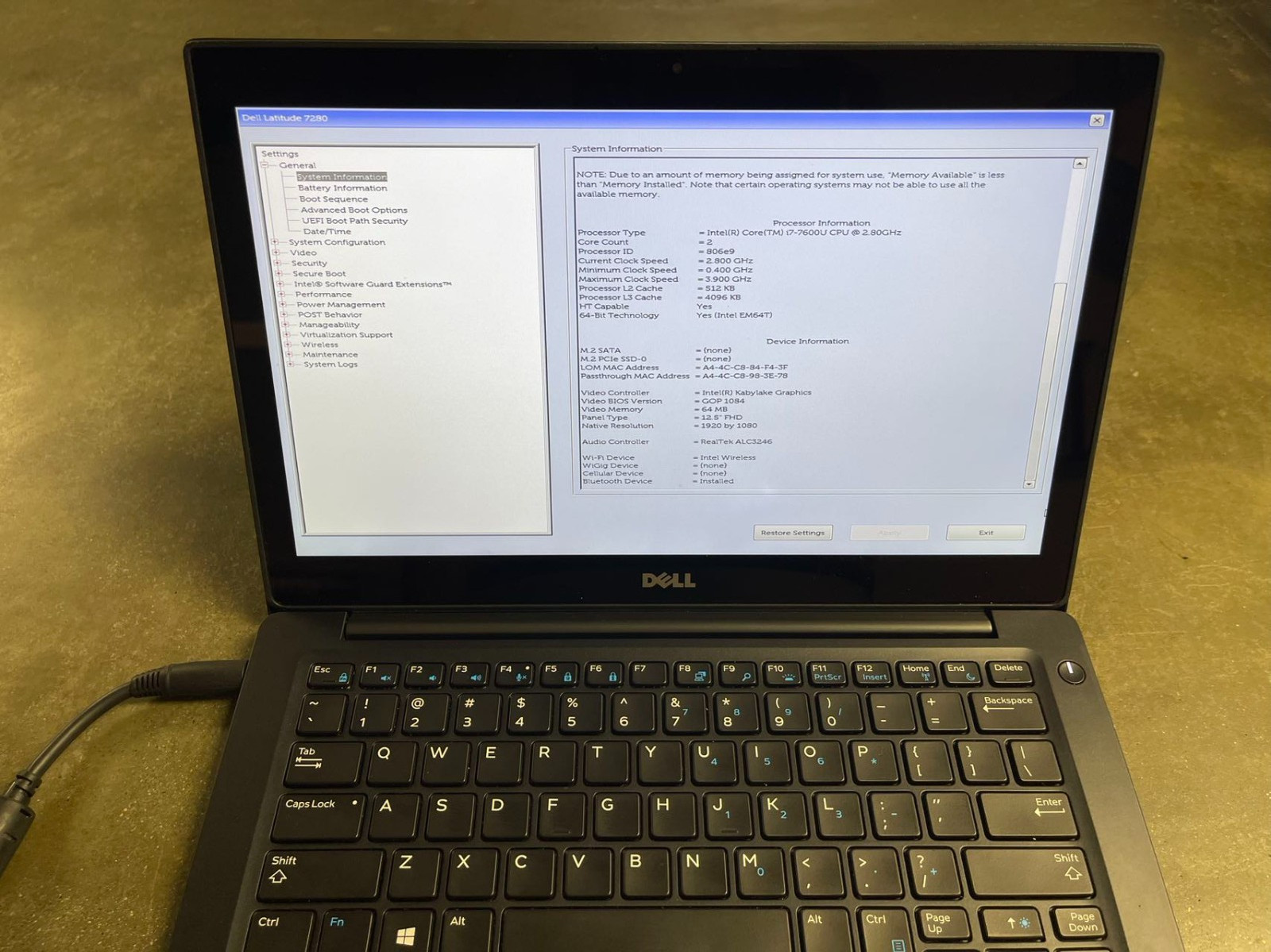 LOTX4 Dell Laptop Latitude 7280 Touchscreen 12.5″ i7-7600U MOTHERBOARD KEYBOARD