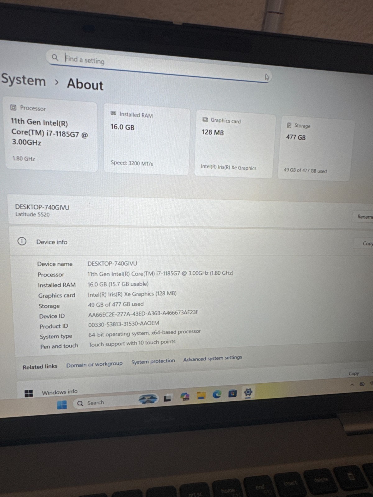 DELL Latitude 5520 i7 11th Gen., 477Gb Storage, 16GB Ram, No power adapter.