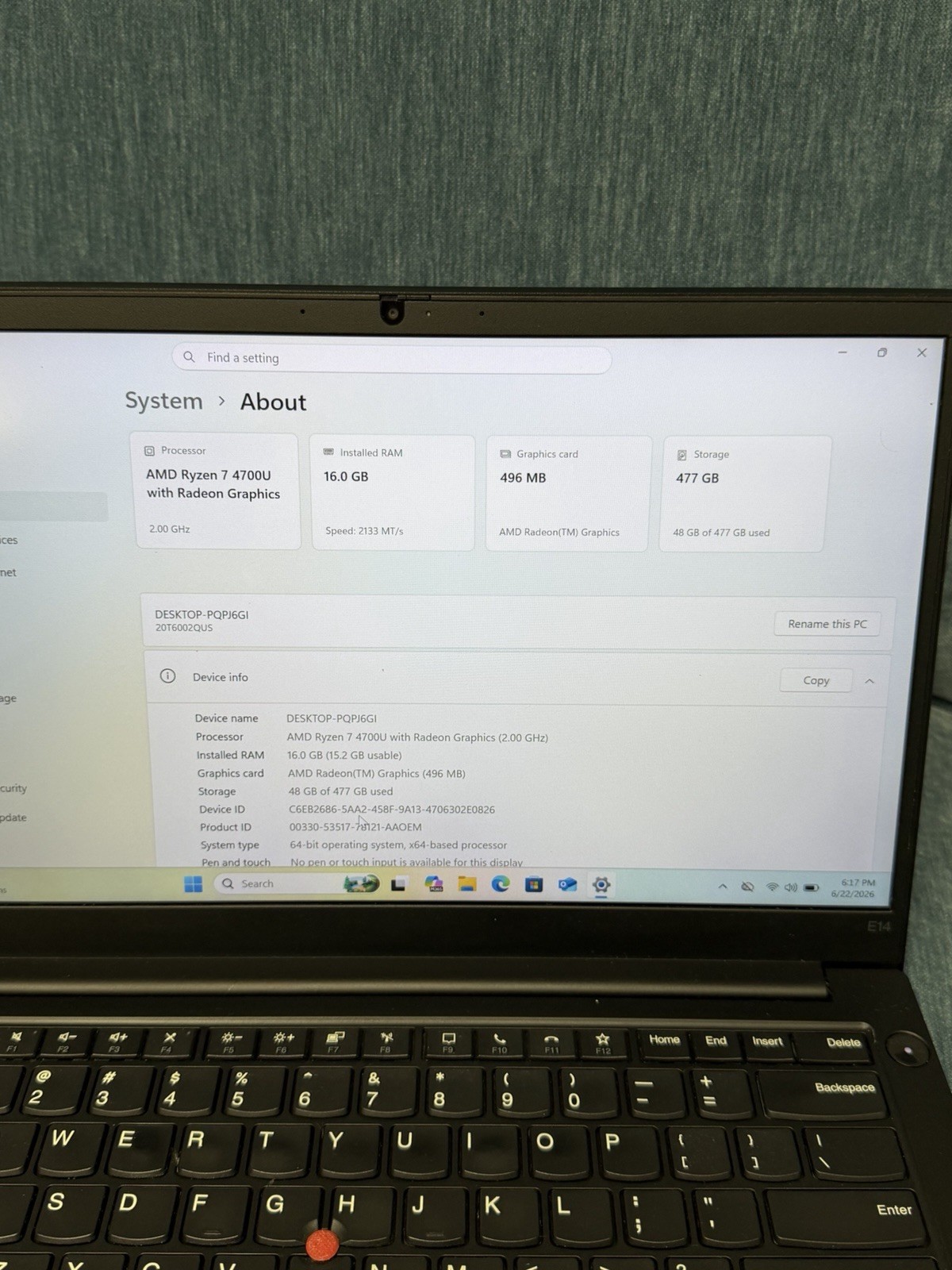 Lenovo ThinkPad E14 Gen 2 AMD Ryzen 7 4700U 8GB RAM 256GB SSD Win11P