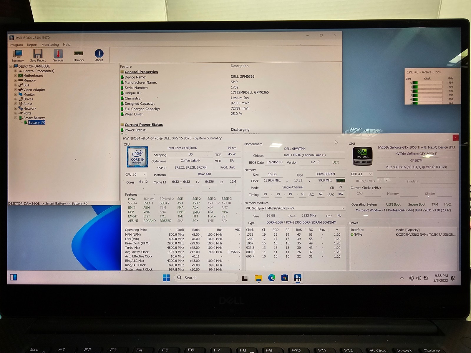 Dell XPS 15 9570 i9-8950HK NVIDIA 1050 Ti TOUCH 16GB RAM 256GB SSD Win 11 #04