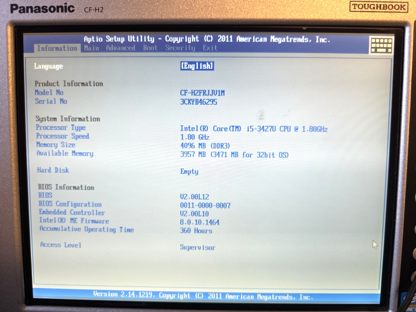 Panasonic Notebook – CFH2|Touchscreen| Intel Core i5-3427U| 4GB RAM| No HDD