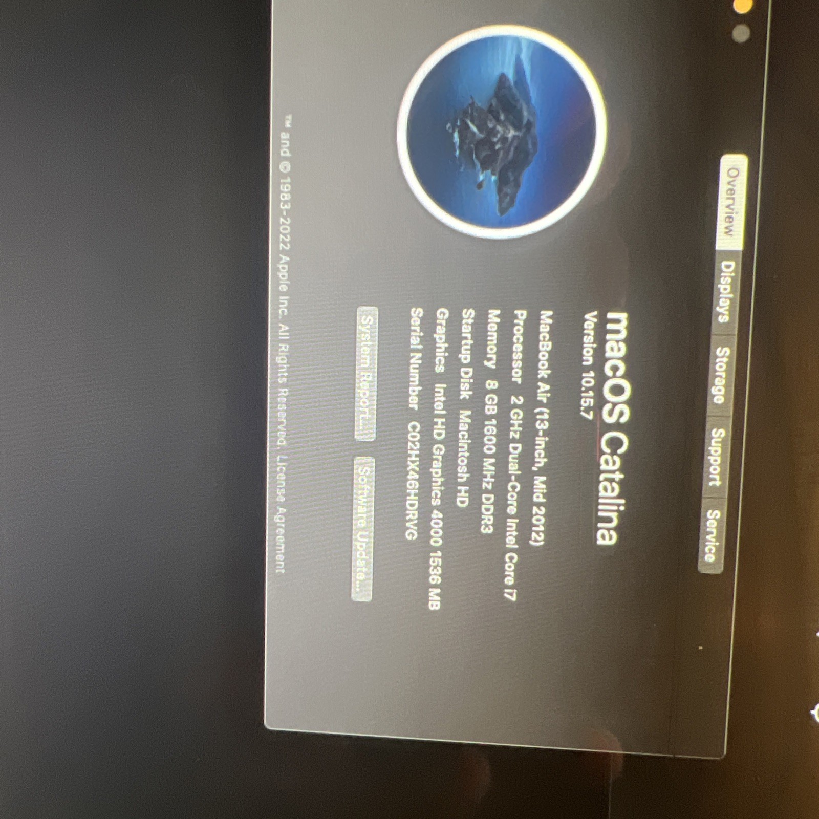 Apple MacBook Air A1466 i7-3667U 2.0GHz 8GB RAM Mid 2012 Catalina Version 10. 15
