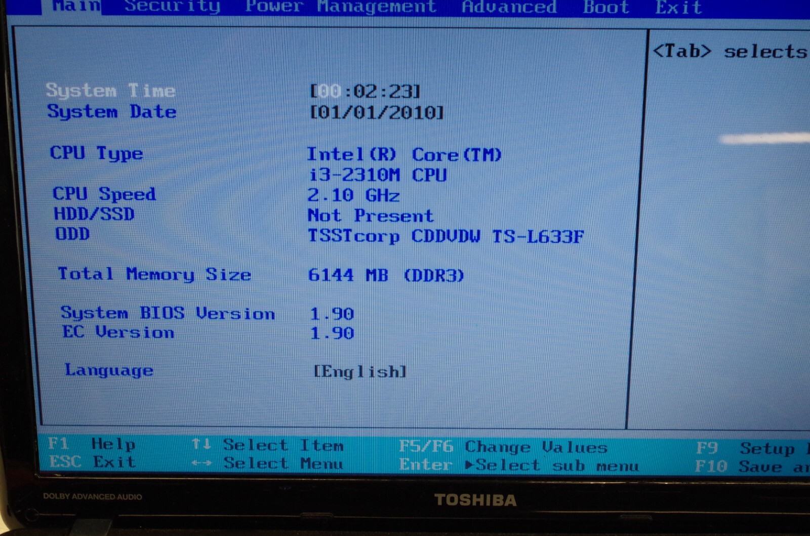 Toshiba Satellite P755-S5215 15.6” / Intel i3 2.1Ghz 6GB Ram No Harddrive As Is
