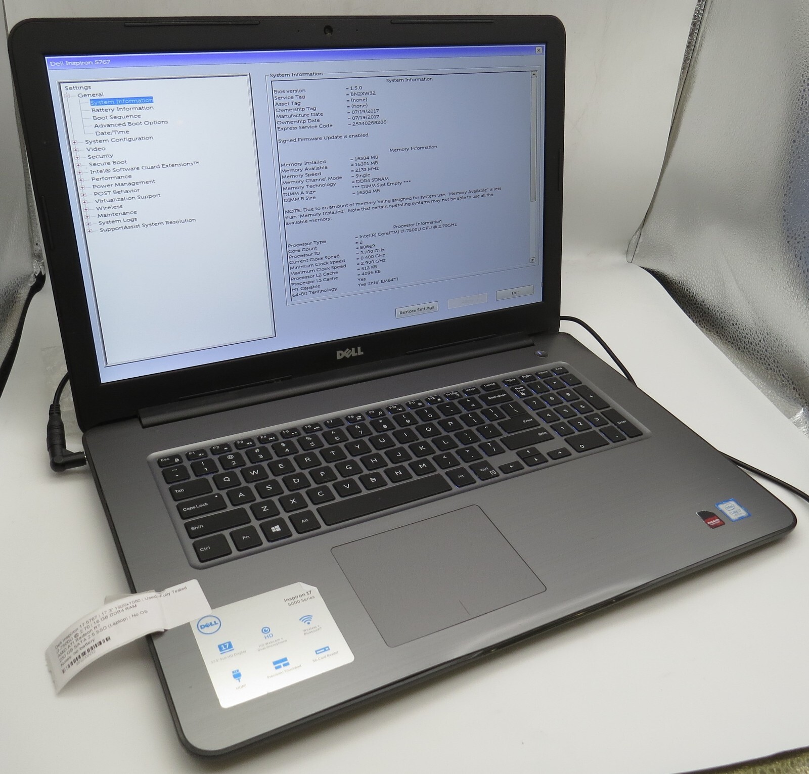 Dell Inspiron 17 5767-17.3″-i7-7500U@2.70GHz-16GB RAM-250GB 2.5 SSD-NO OS *READ*