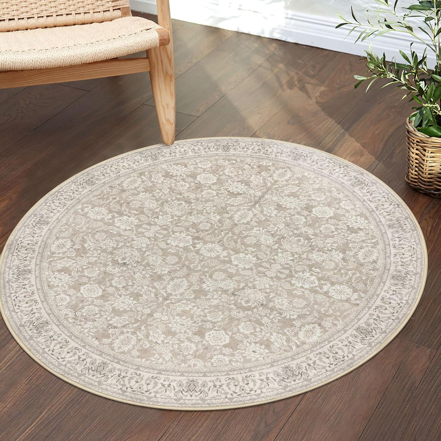 3′ round Rug Washable Rug for Entryway, Cream Beige Yellow White Grey Soft Non-S