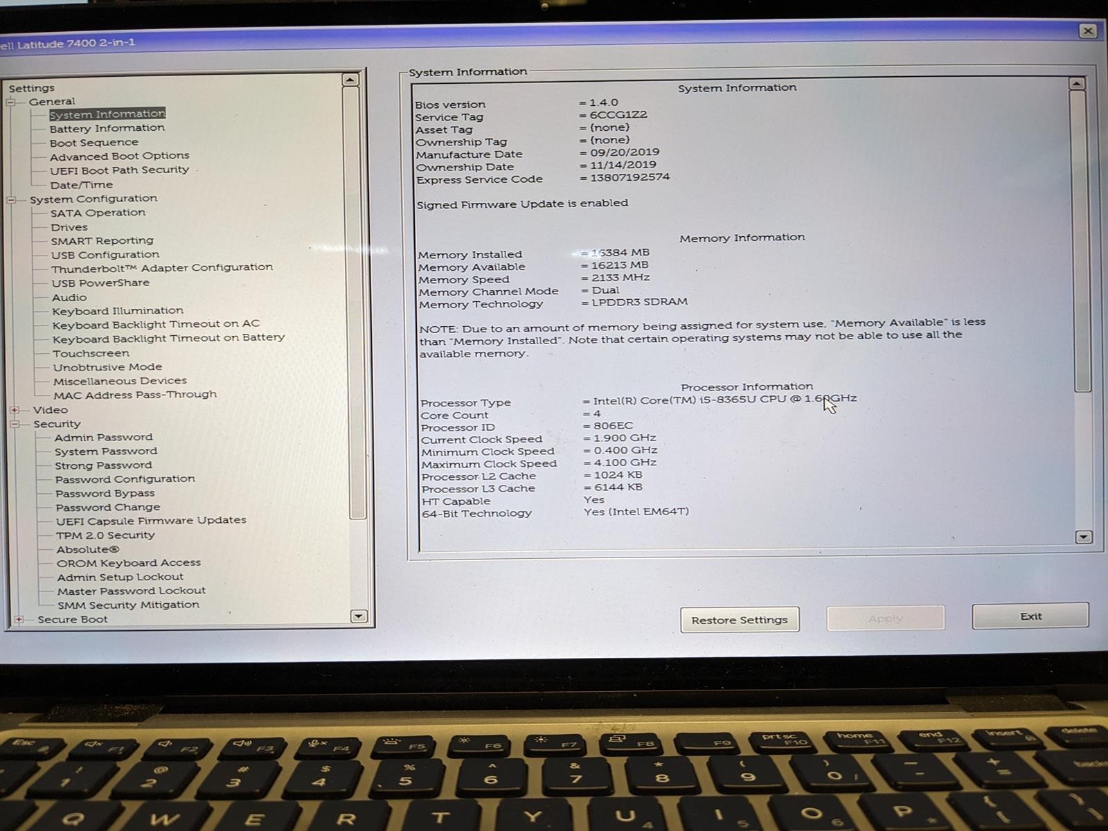 DELL LATITUDE 7400 2-IN-1 i5-8365U @ 1.60GHz, 16GB RAM, NO HDD/OS