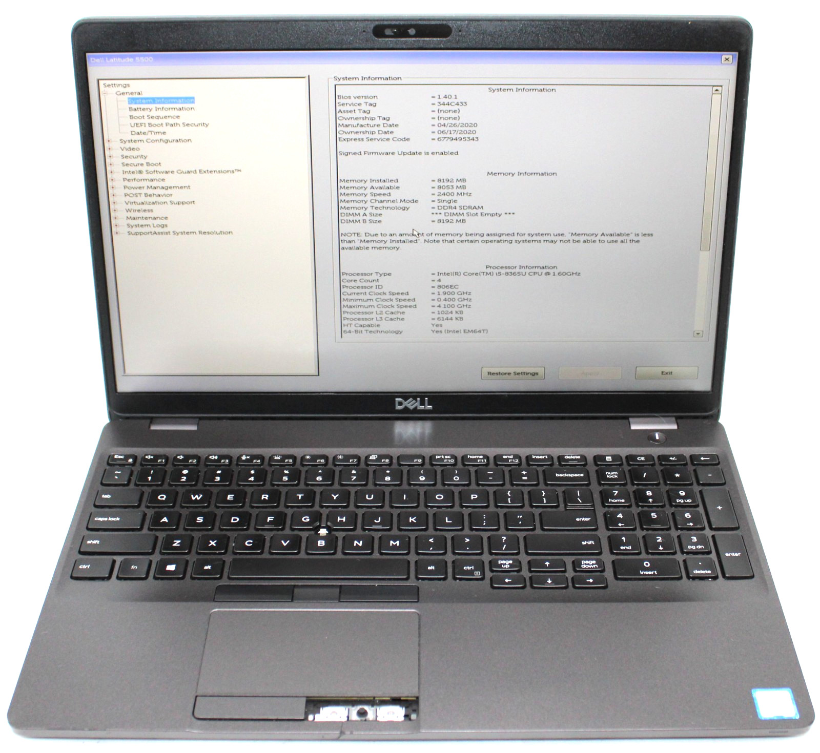 15.6″ Dell LATITUDE 5500 Laptop i5-8365U @ 1.60GHz 8GB DDR4 RAM no SSD *Read*