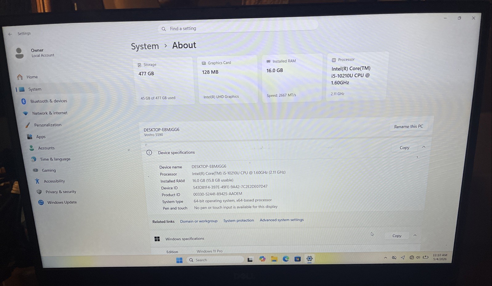 Dell Vostro 5590 15.6″ i5-10210U@1.6GHz, 16GB RAM, 512GB M2, Win 11 Pro *READ