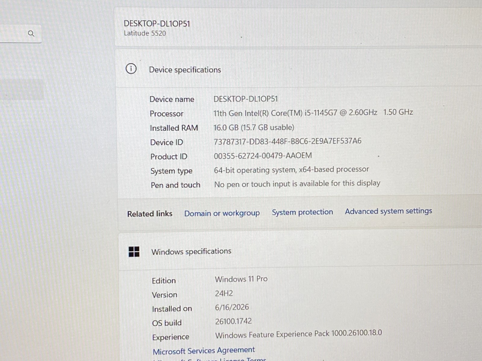 DELL LATITUDE 5520 i5-1145G7@2.60GHz 16GB RAM 256GB SSD NVMe W11P READ*