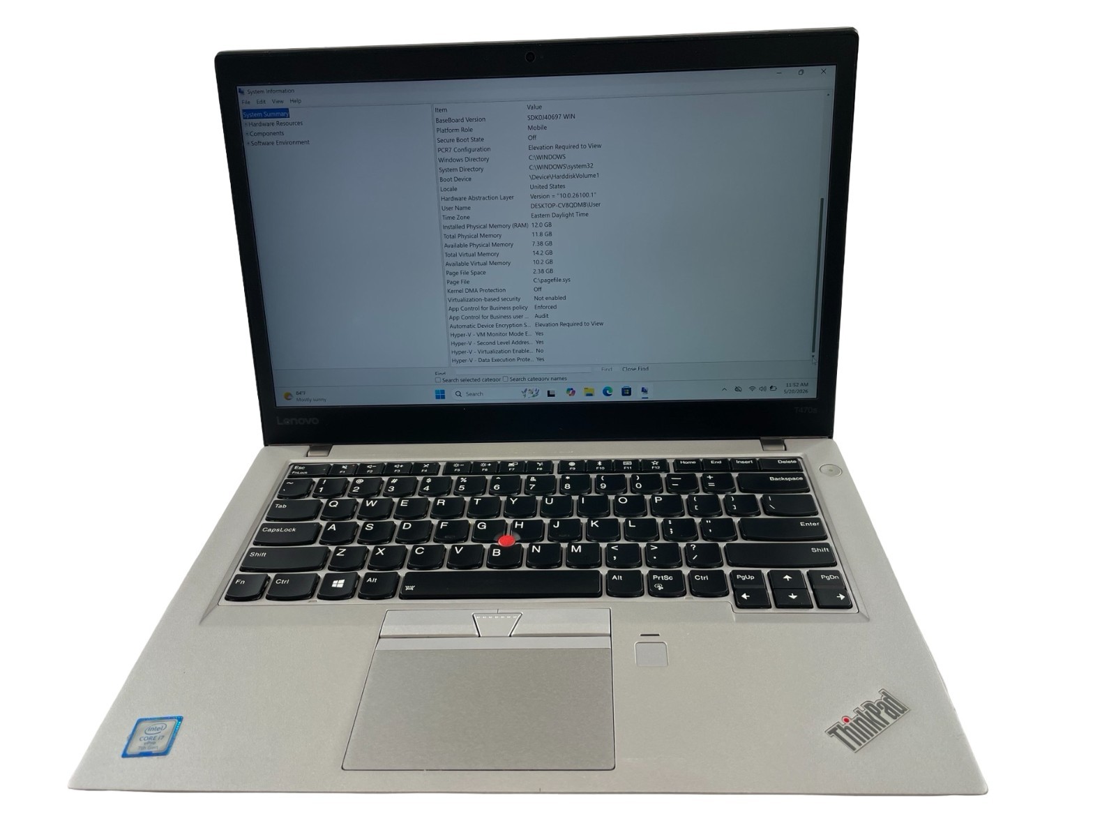 Lenovo ThinkPad T470s 14″ i7-7600U@2.80GHz 12GB RAM 500GB NVMe Win.11 Pro-No AC