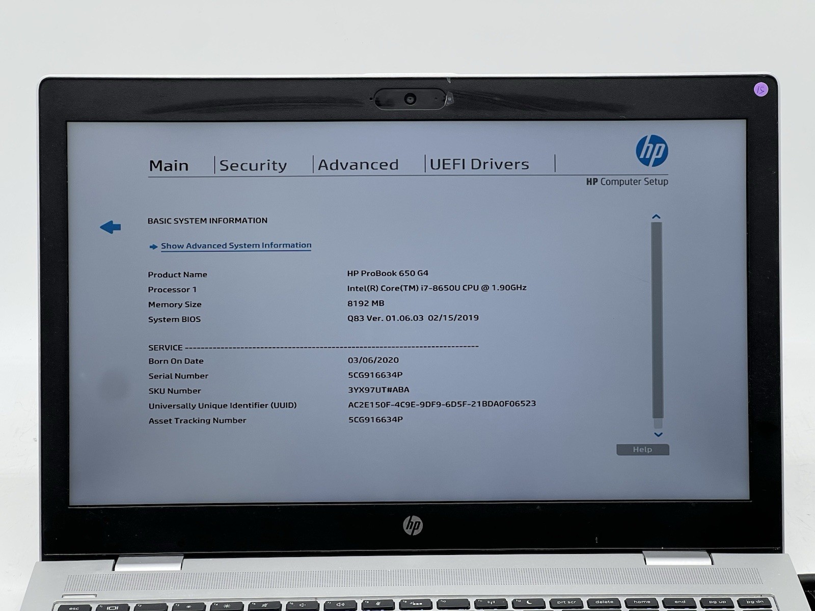 HP ProBook 650 G4, i7-8650U CPU, @ 1.90GHz, 8GB RAM, 256GB NVMe-No OS/AC