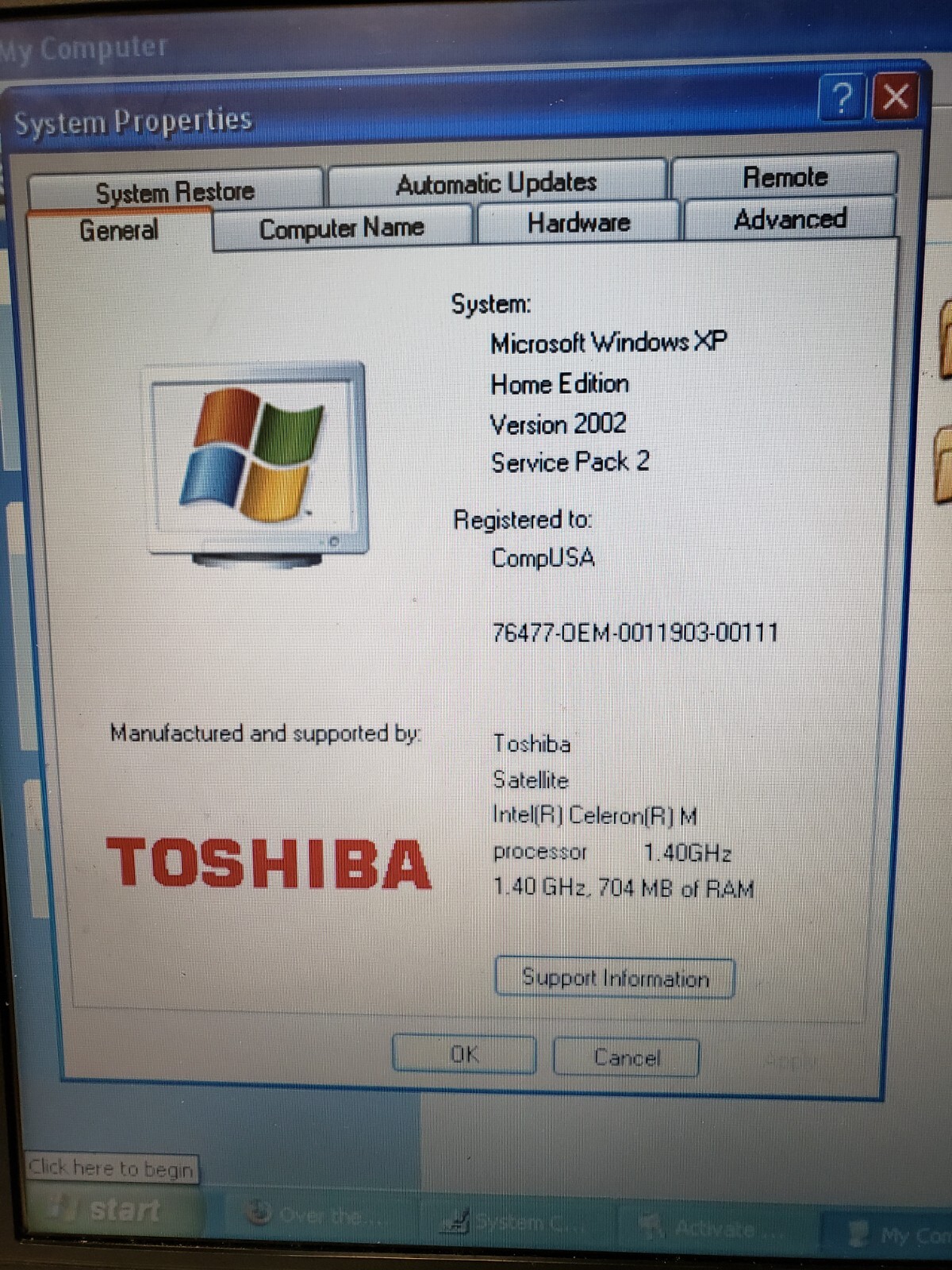 toshiba satellite l25-s1196 intel celeron@1.40ghz 768mb ram 40gb hdd