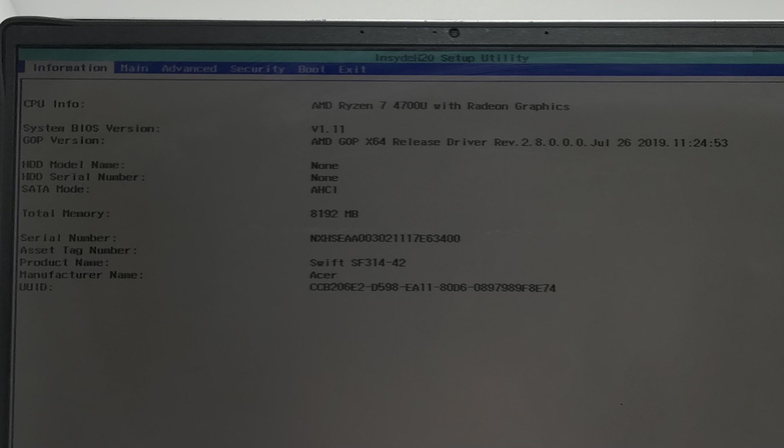 ACER SWIFT SF314-42 AMD RYZEN 7 4700U@2GHz 8GB RAM NO OS/SSD *FOR PARTS/REPAIRS