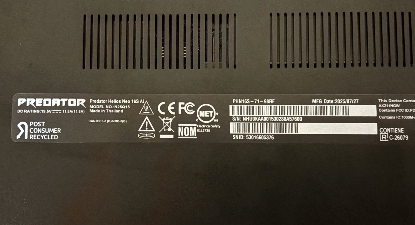 GAMING-Acer Predator Helios Neo16S AI-Ultra 9,RTX 5070 Ti, 32GB,For Ext. Monitor