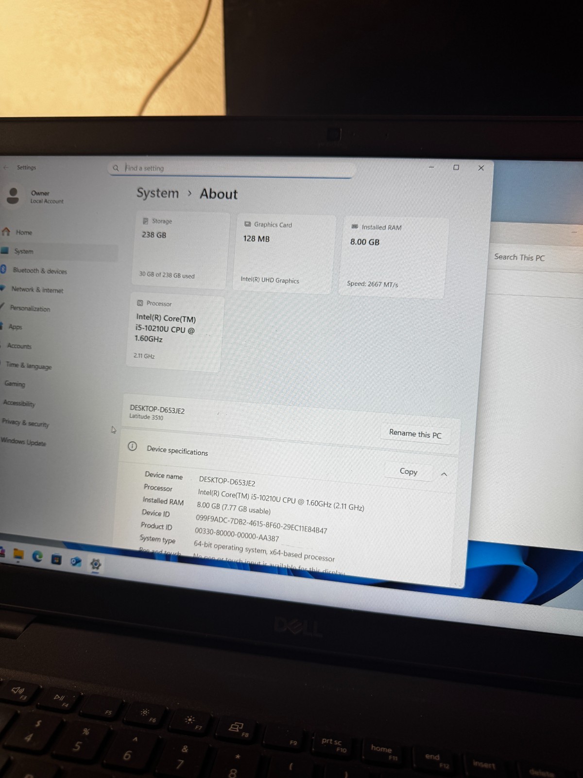 Dell Latitude 3510 Core i5 10210U, 8GB RAM, 256GB SSD, Win11 PRO *READ #5841