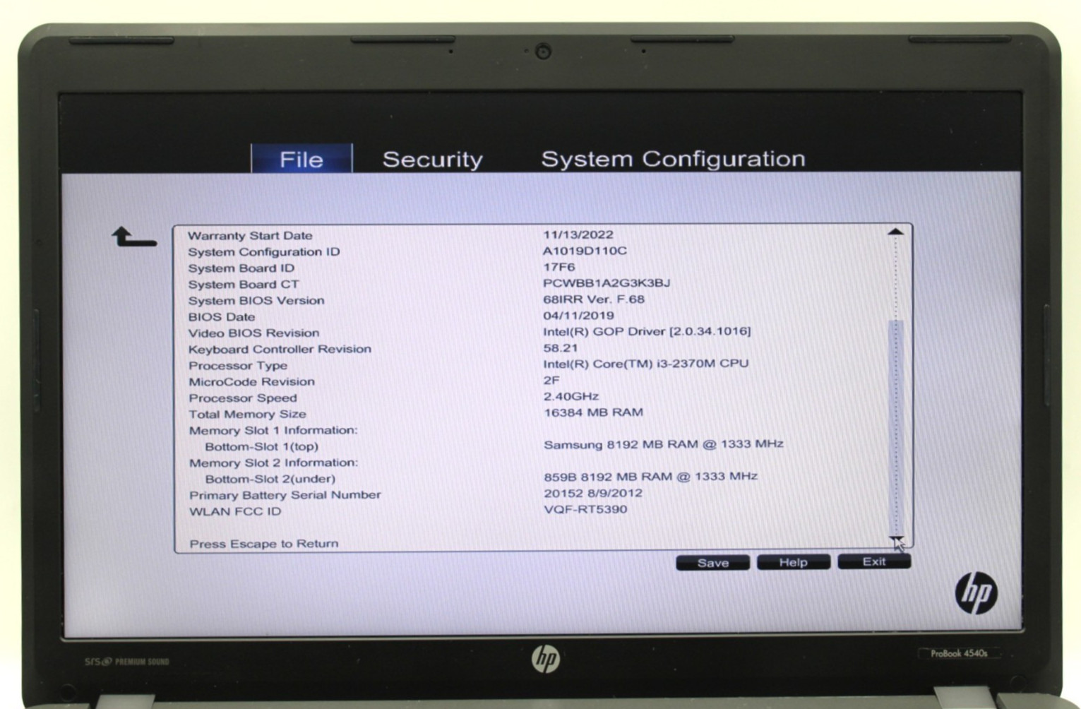 HP ProBook 4540s i3-2370M@2.4GHz 16GB DDR3 NO STORAGE OR OS *USED/TESTED*