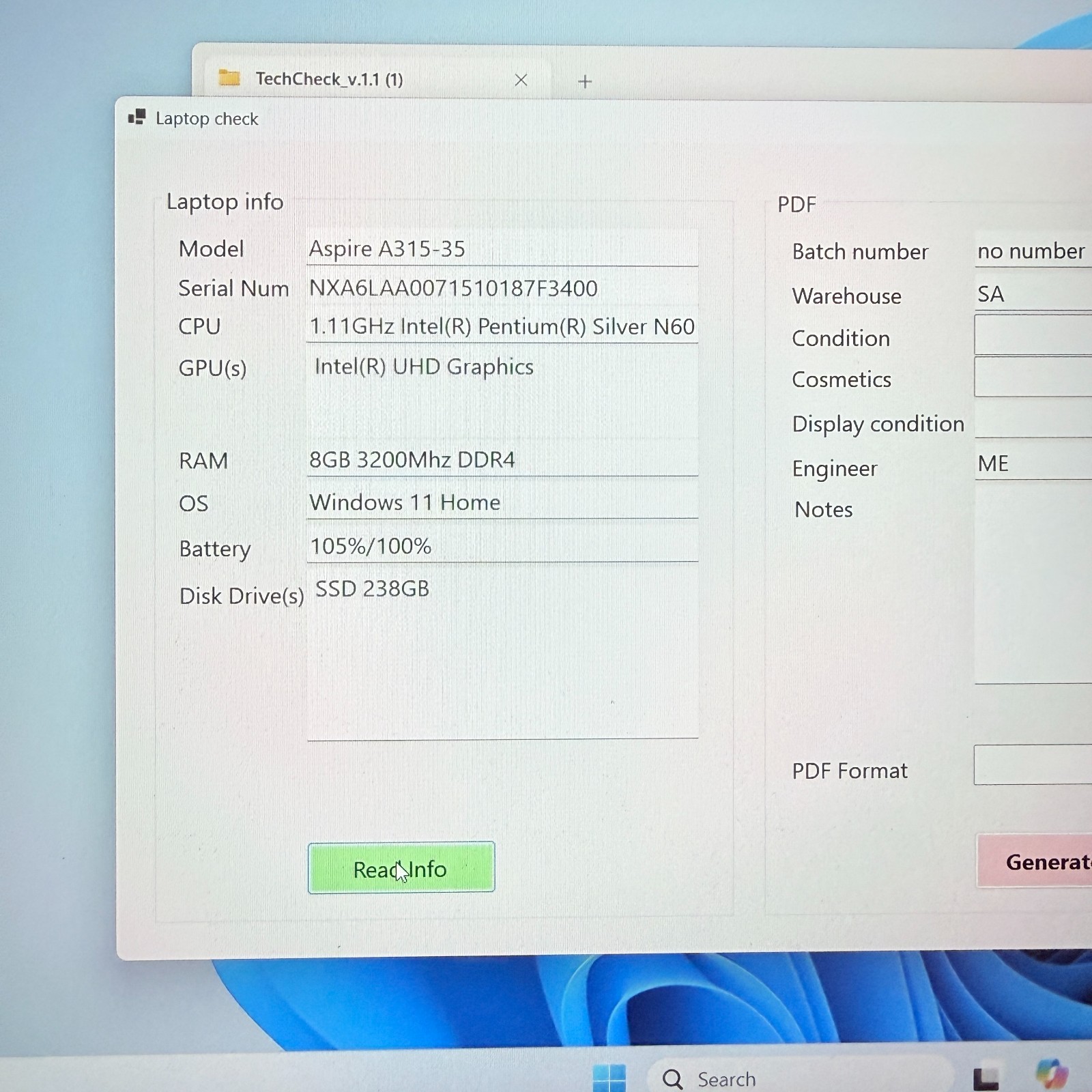 Laptop Acer Aspire A315-35 15.6″ Pentium N6000 8GB 256GB SSD UHD Win11 Home Good