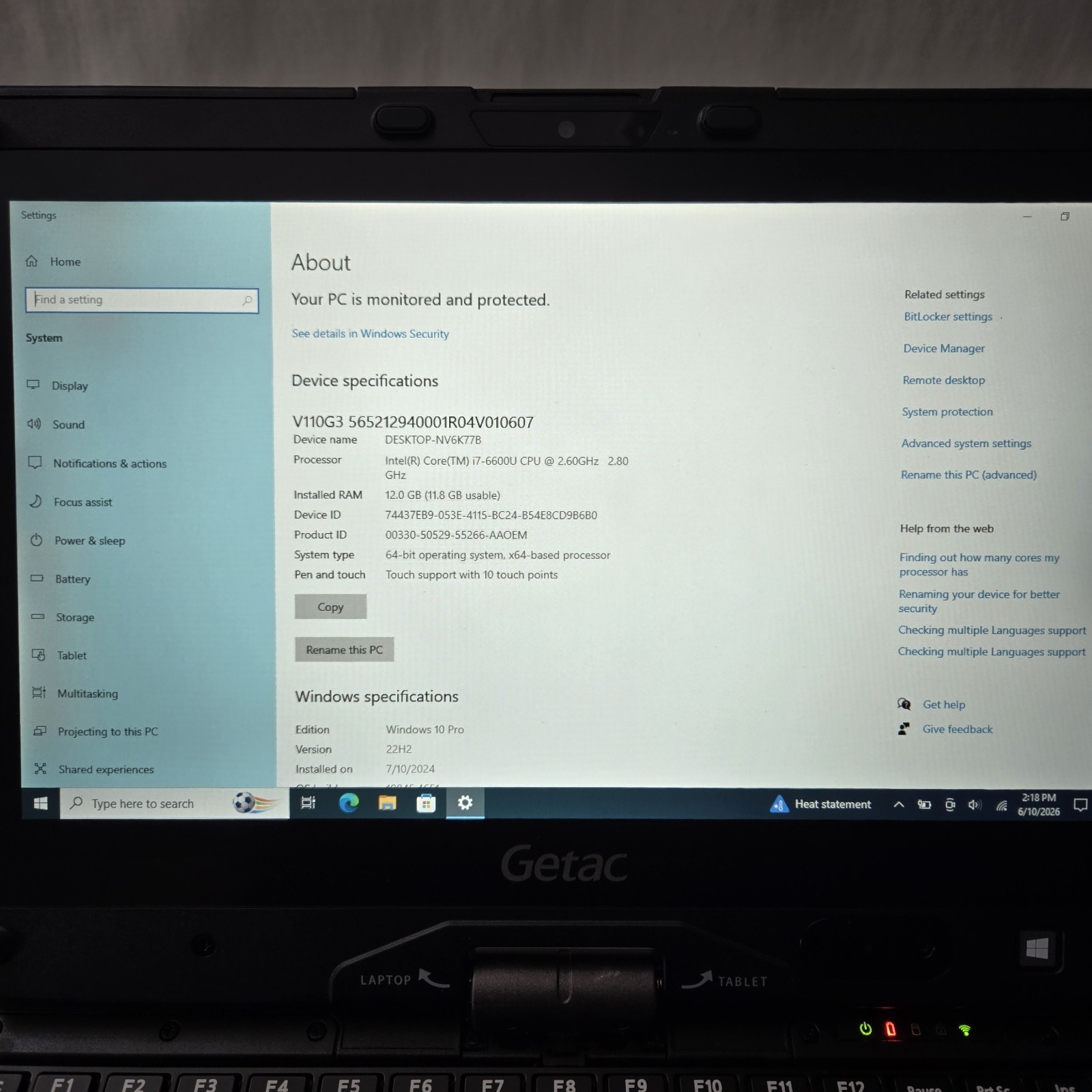 Getac V110 G3 Toughbook i7-6600U 2.60GHz 256GB SSD 12GB Ram Win10P – Grade B+