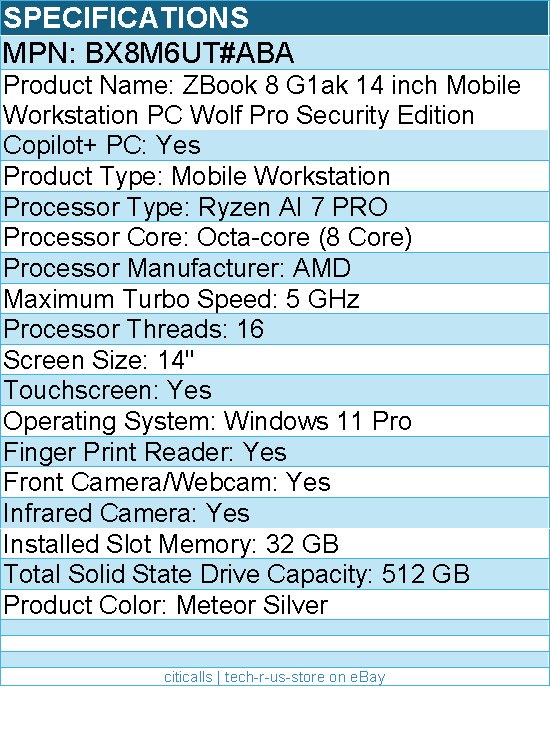 HP BX8M6UT#ABA ZBook 8 G1ak 14″ Copilot+ PC Mobile Workstation – Meteor Silver