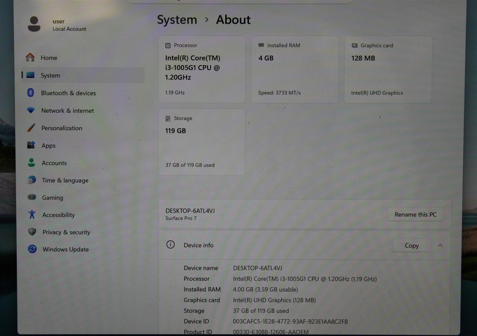 Microsoft Surface Pro 7 Intel Core i3-1005G1 4 GB DDR4 128 GB SSD Windows 11 Pro
