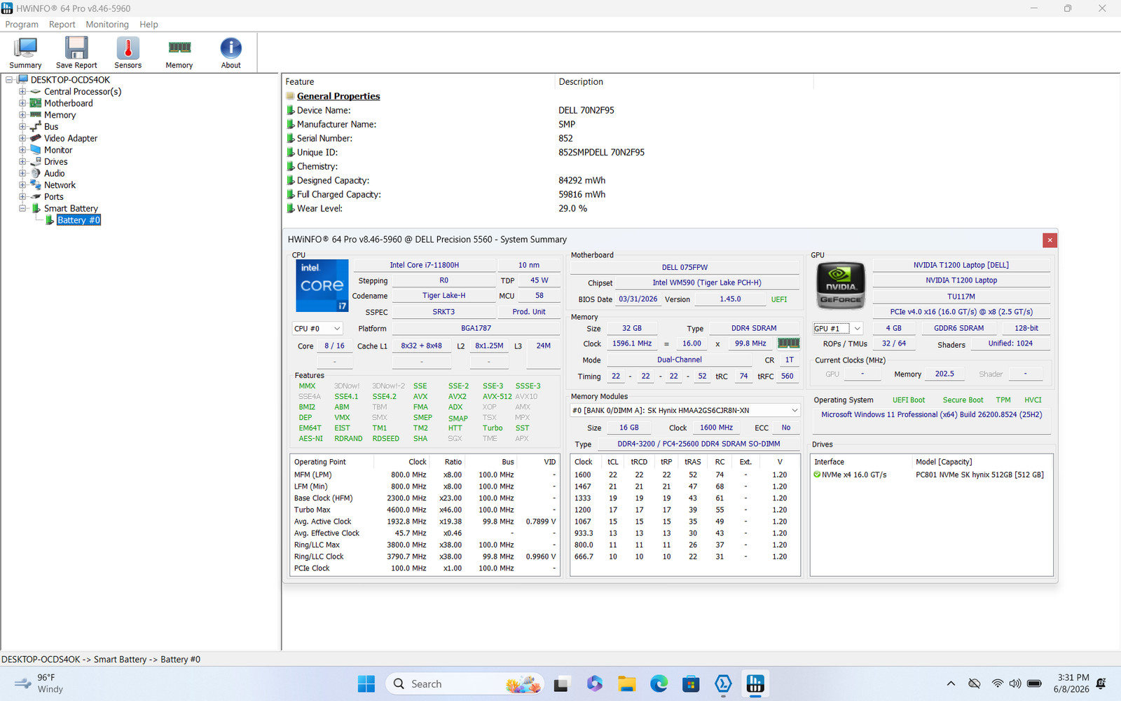 Dell Precision 5560 15.6″ FHD+ I7-11800H 512GB SSD 32GB W11P T1200 Webcam