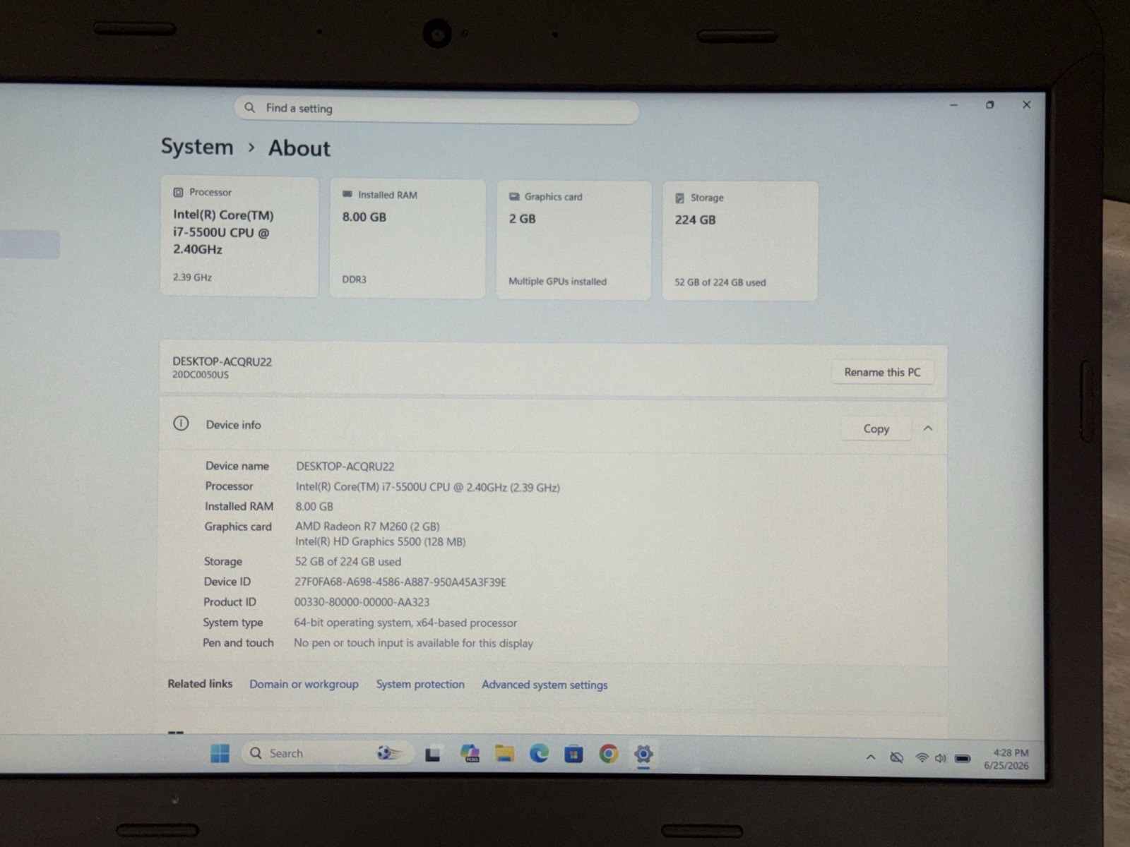 Lenovo Thinkpad E450 14″ AMD GPU i7-5500U 2.4GHz 8GB RAM 240gb SSD Windows 11