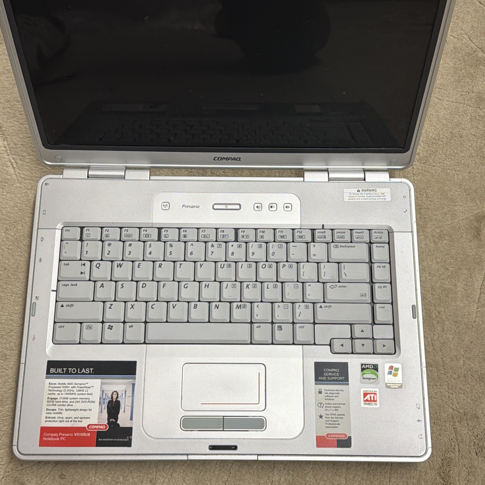 Compaq Presario V5101US AMD Sempron 15″ Laptop No Cord AS IS (Powers On)
