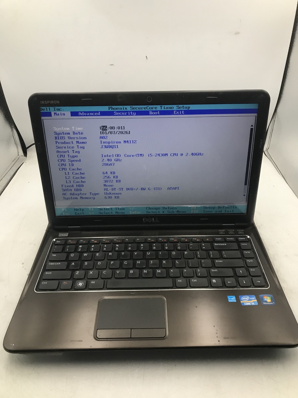 DELL INSPIRON N411Z – BOOTS TO BIOS – INTEL I5 2430M – 14″ – NO RAM – READ – BB!