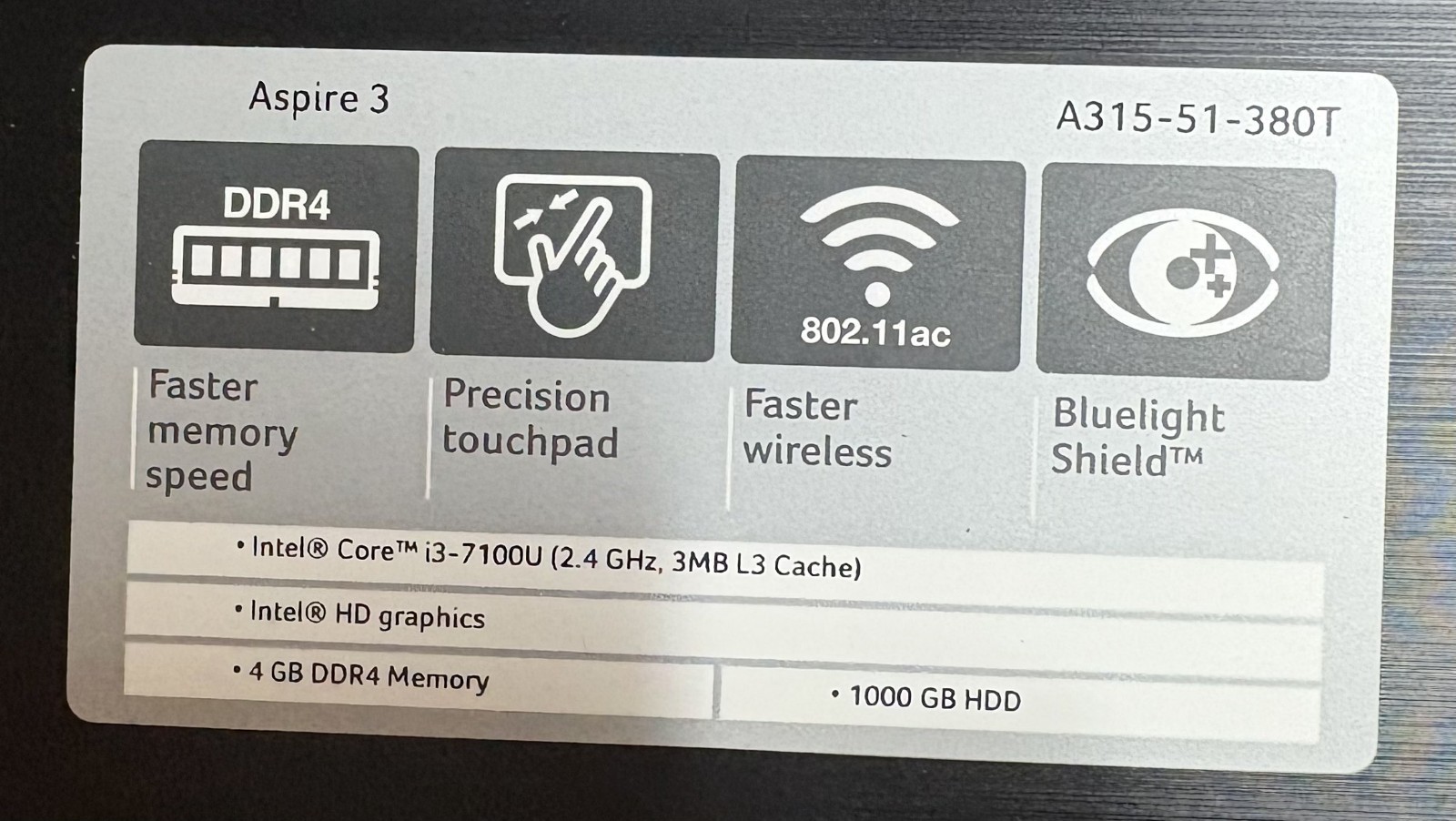 ACER ASPIRE 3 A315-51-380T Intel Core i3-7100U@2.40GHz 12GB DDR4 RAM 1TB HDD