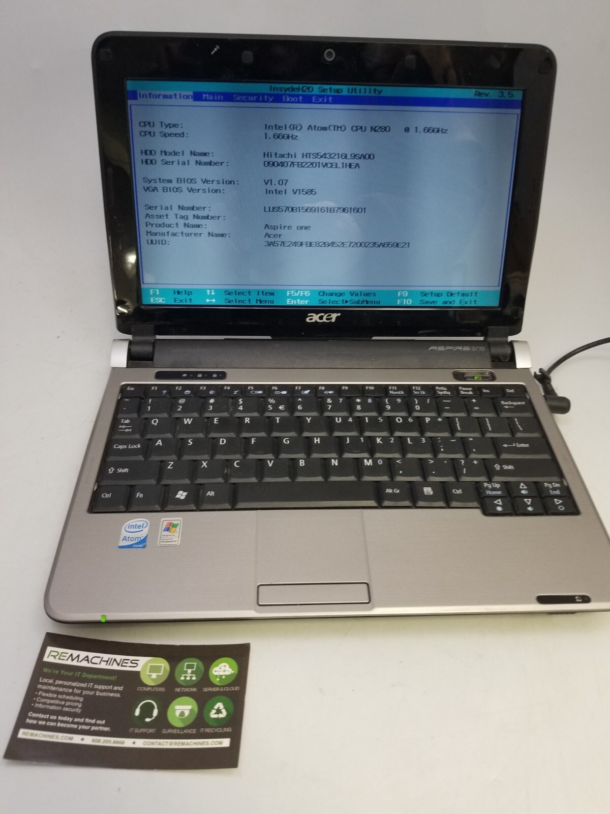 10.1” Acer Aspire One Netbook Laptop Atom N280 @1.66GHz 2GB RAM 160GB HDD