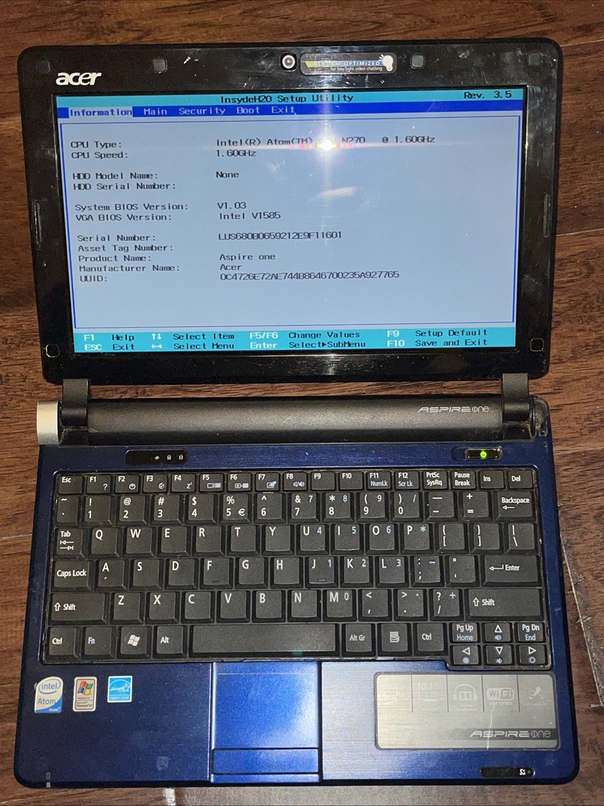 Acer Aspire One, KAV60, Intel Atom N270 1.6GHz, 1GB RAM NO HARD DRIVE
