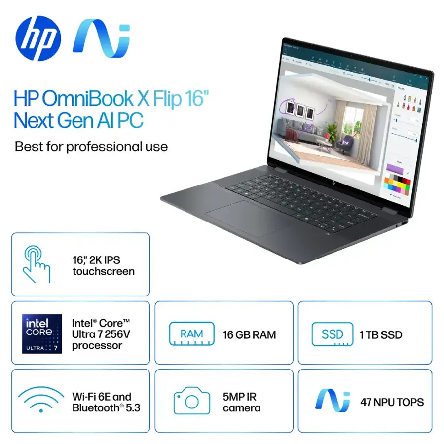 HP OmniBook X 2-in-1 16″ 2K Touchscreen Laptop Intel Core Ultra 7 256V 2TB SSD