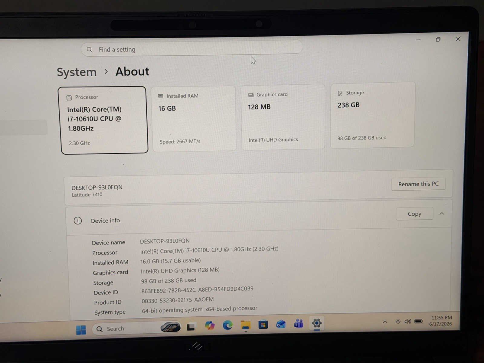 Touch Screen Dell Latitude 7410 14″ i7-10610U 1.80GHz 16 GB RAM 256Gb SSD