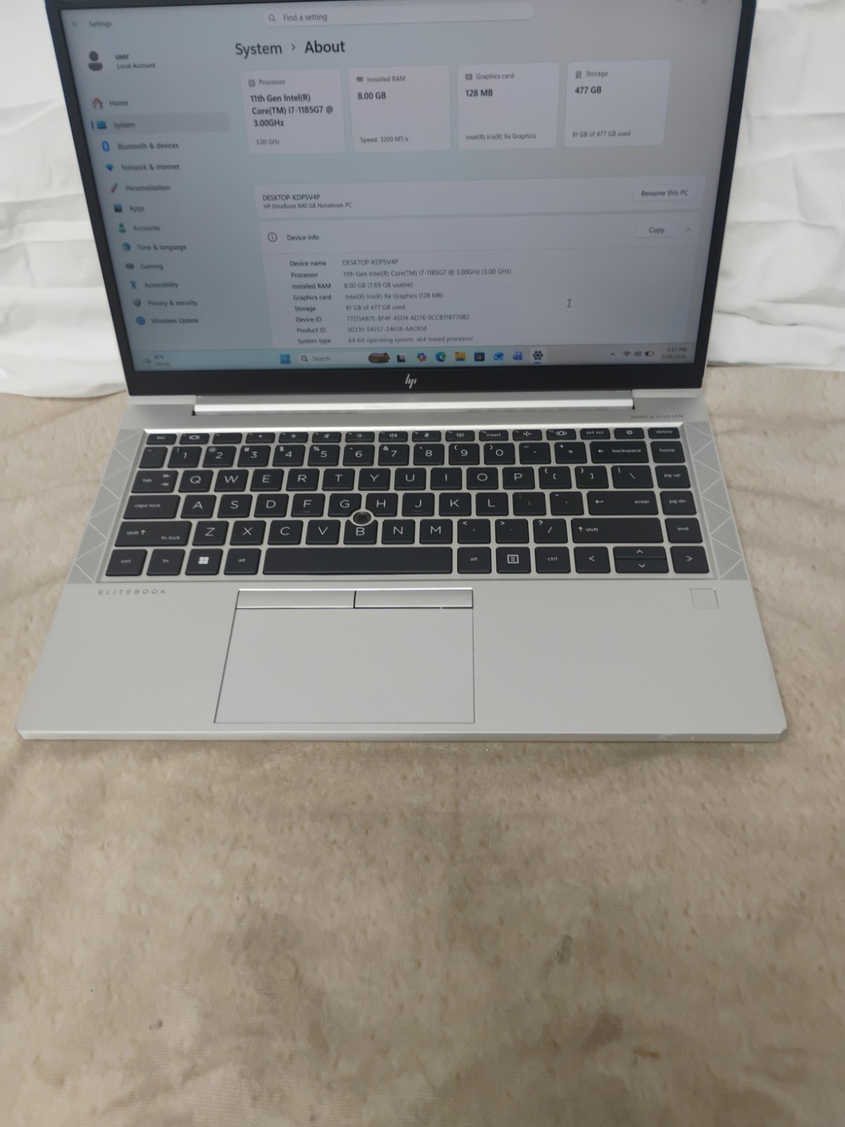 EliteBook 840 G8, i7-11th Gen, 8gb Ram, 512gb SSD, Win 11