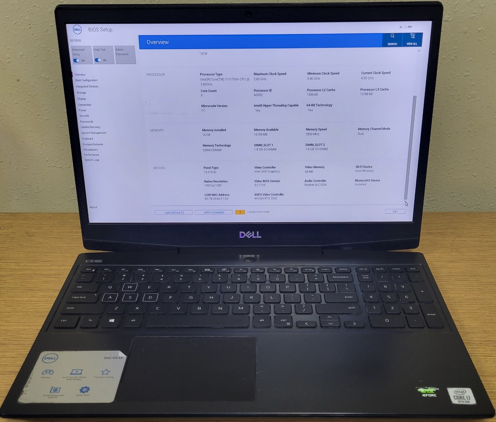 Dell Gaming Laptop G5 15 5500 i7-10750H 2.60GHz 16GB 512GB NVMe Rtx 2060 No OS