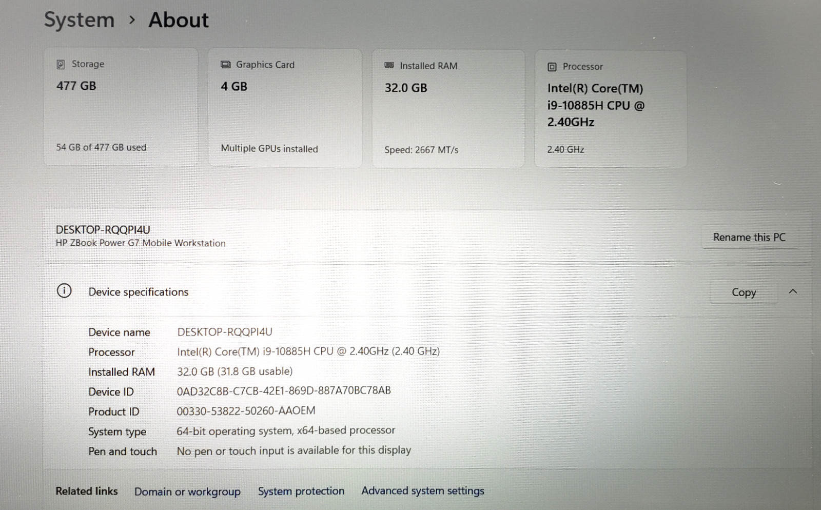HP Zbook Power G7 i9-10885H 32GB RAM 512GB SSD T2000 4GB GPU Win11 Pro Laptop PC