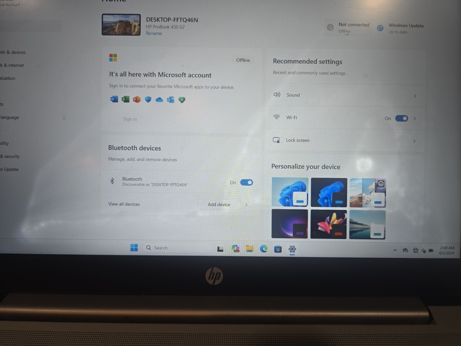 HP PROBOOK 450 G7 I7-10510U 16GB RAM 256gb MVME W11Pro Damaged Screen