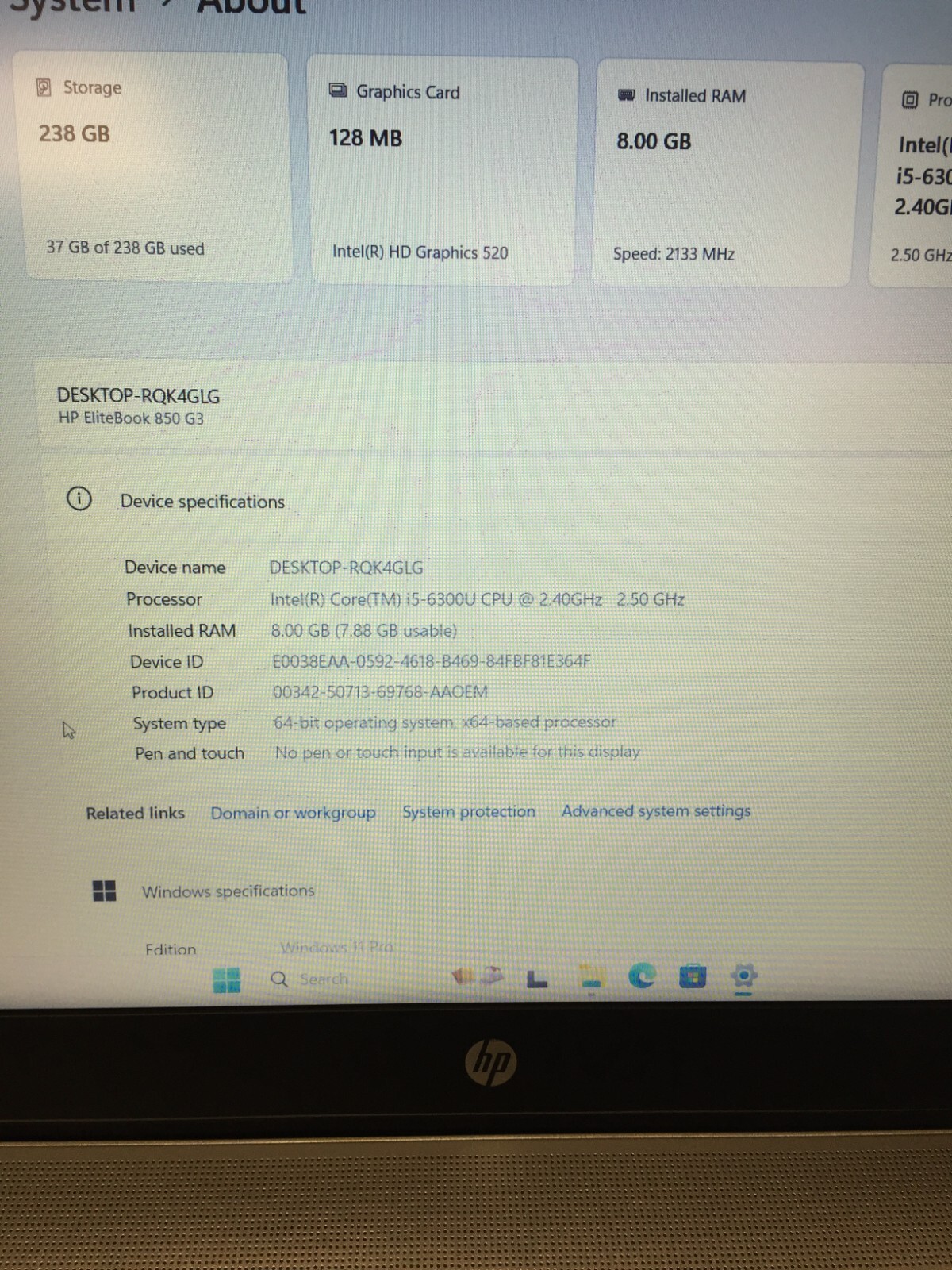 HP EliteBook 850 G3 15.6″ 256GB Core i5 6th gen 2.40GHz 8GB RAM WIN 11 PRO