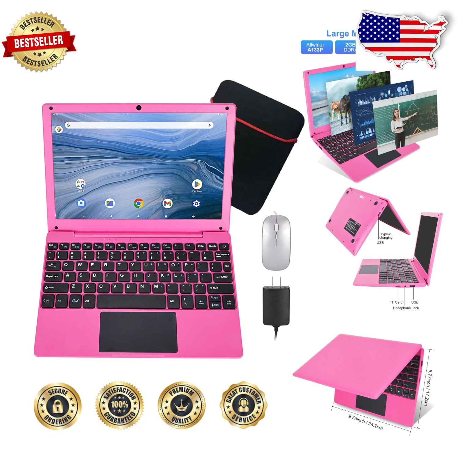 New 10.1″ Android 12 Laptop Pink, 2GB RAM 64GB eMMC, Quad-Core, WiFi, Include…