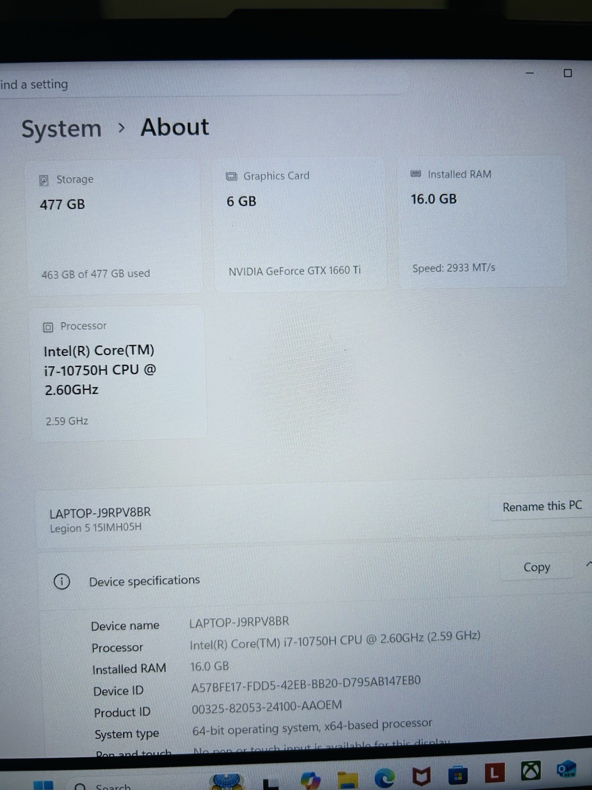 Lenovo Legion 5 Gaming Laptop i7-10750H 16GB 477GB SSD GTX 1660 Ti 15.6″ Win11