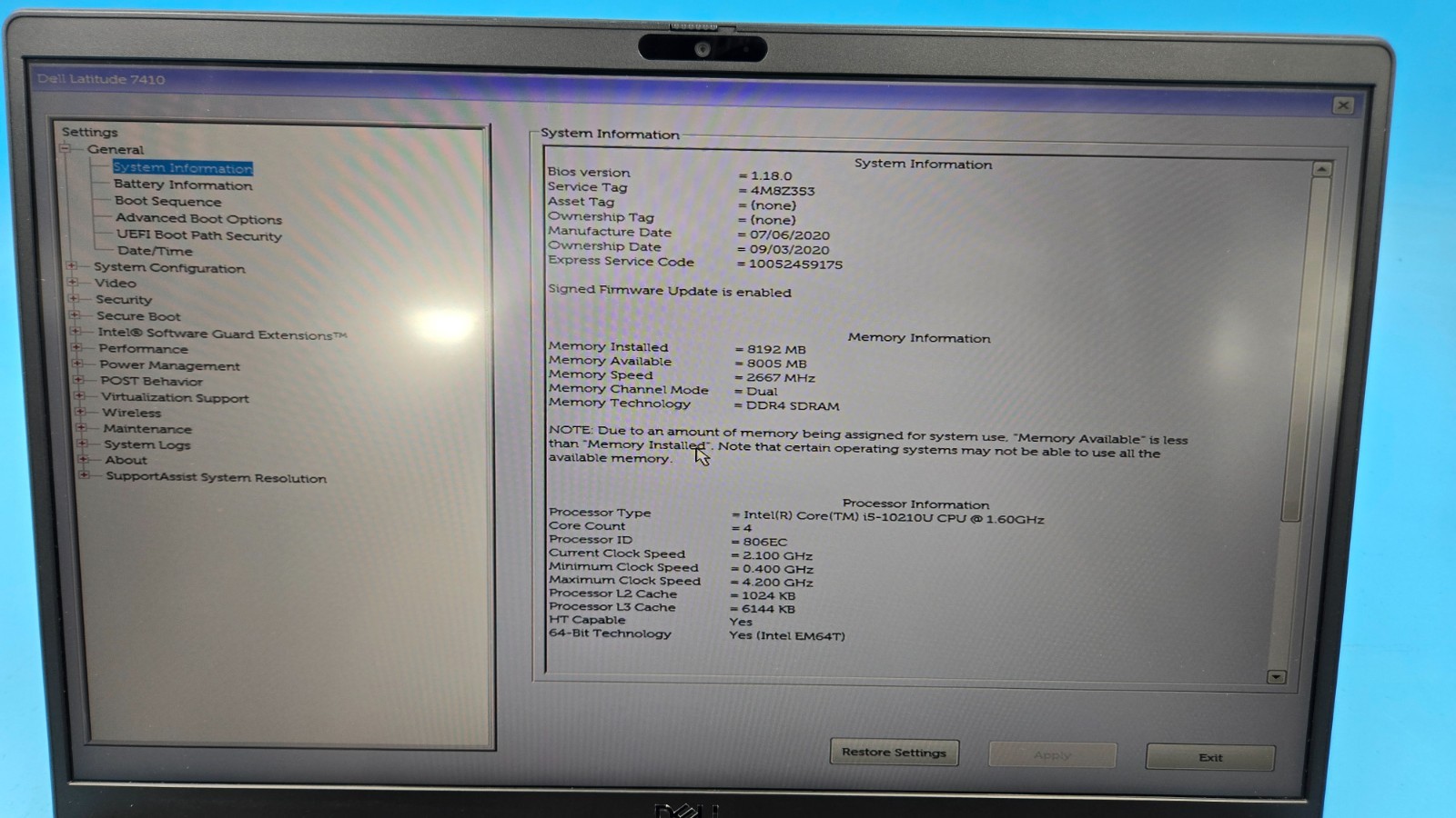Dell Latitude 7410 | Intel Core i5 10210U 1.60GHZ | 256GB SSD | 8GB RAM