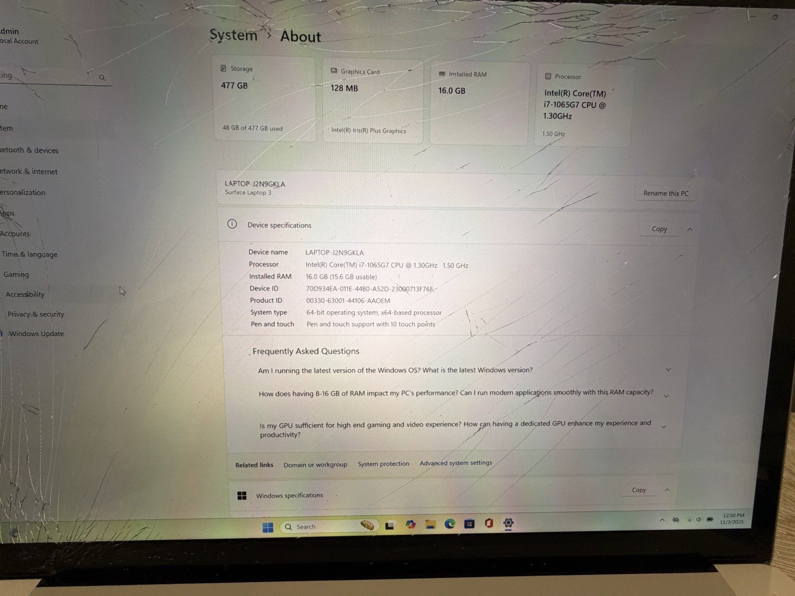 MS Surface Laptop 3 – Intel Core i7 – 16 GB RAM | 512GB SSD | Win 11 – CAD $420