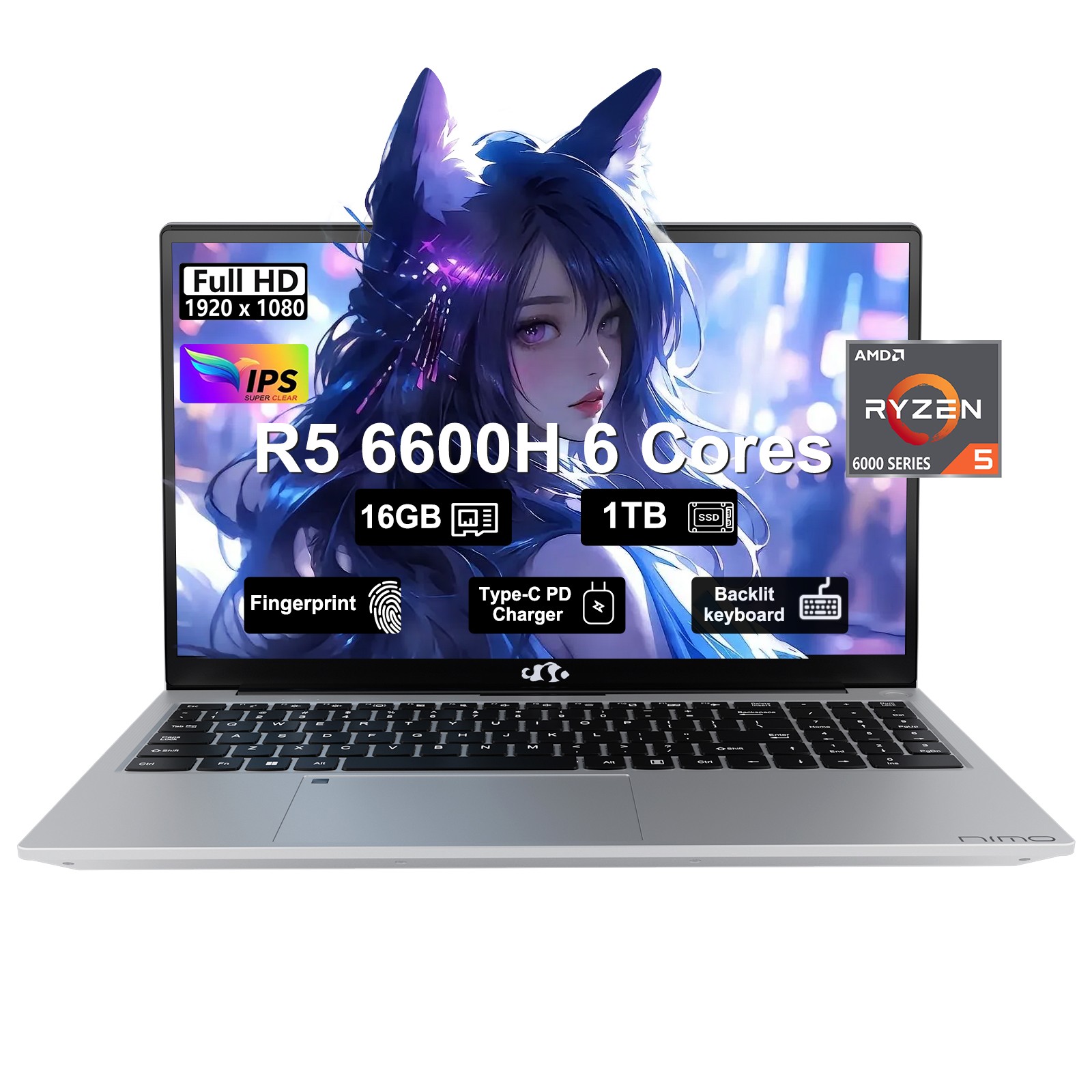 NIMO 15.6 Gaming Laptop AMD Ryzen 5 6600H 6-Cores 16GB DDR5 RAM 1TB SSD 4.5GHz