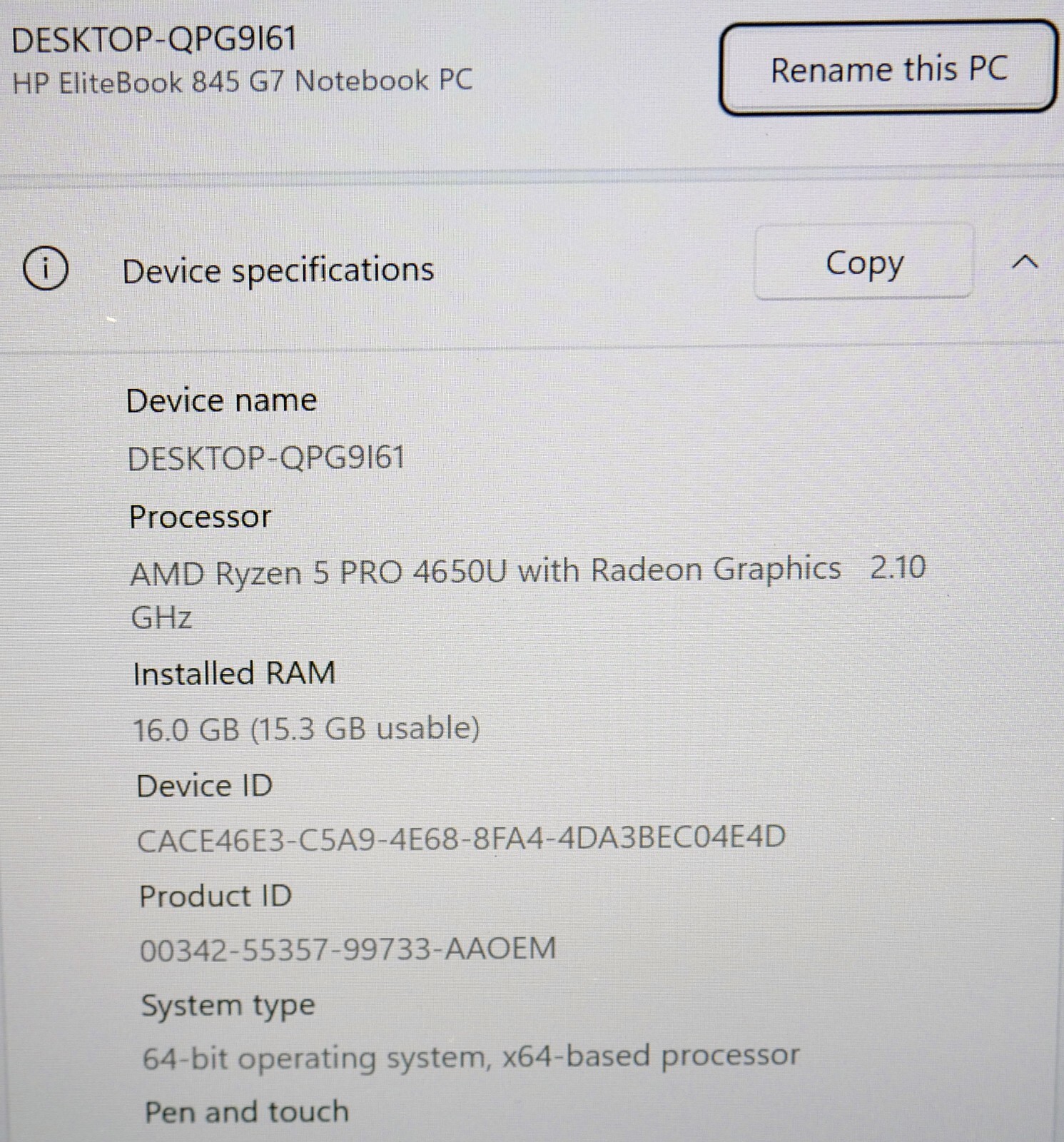 HP EliteBook 845 G7 14″ Ryzen 5 Pro 4650U 16GB 256GB SSD Windows 11 Pro Radeon
