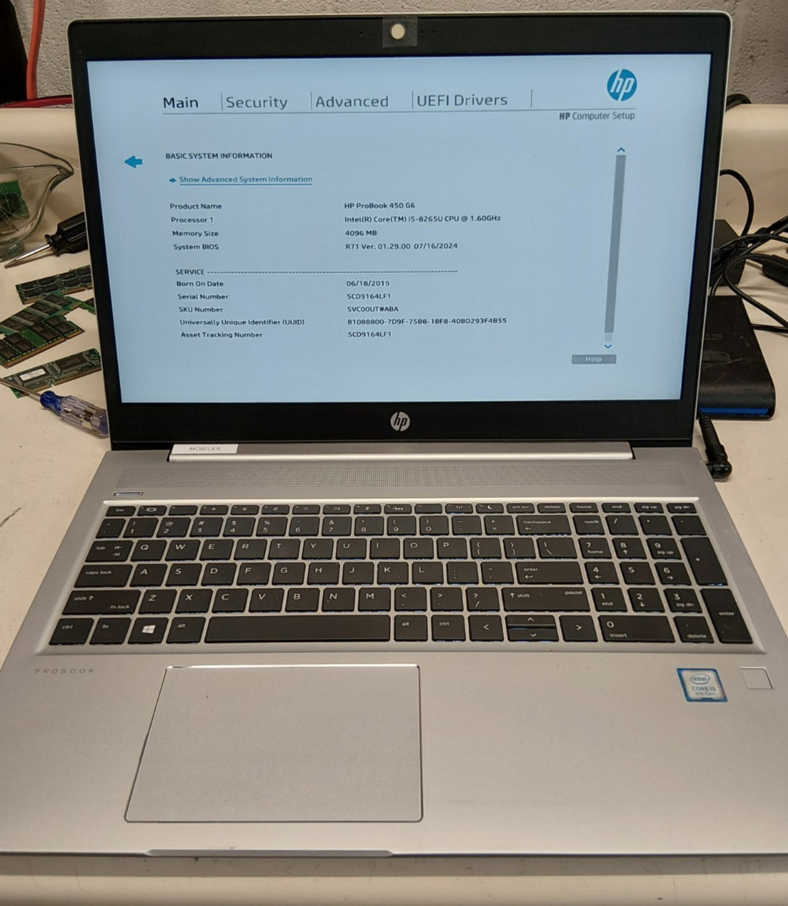 HP ProBook 450 G6, Intel Core i5 8th GEN- BOOTS/NO RAM/HDD/CORD/BACK #1005