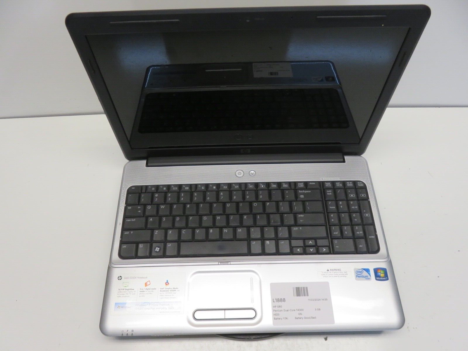 HP G60-535DX Laptop Intel Pentium Dual-Core T4300 2.1GHz 3 GB NO HDD No Batt