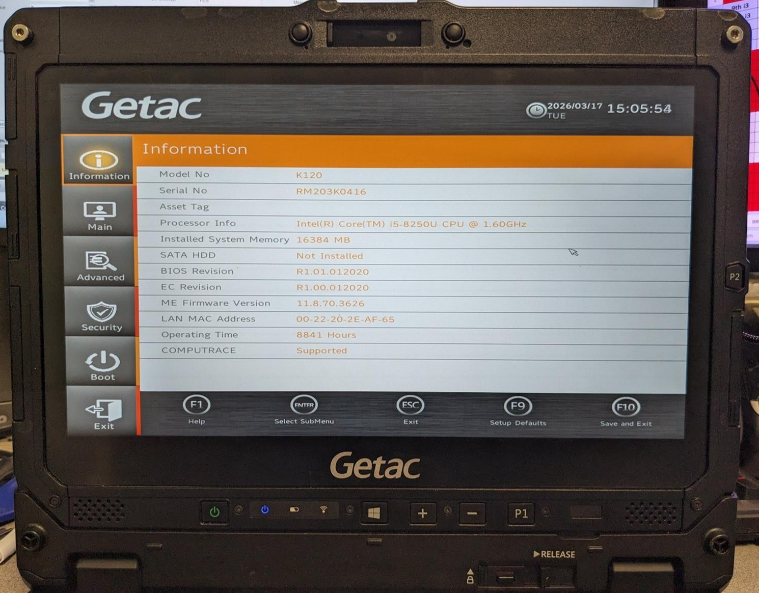 GETAC K120 i5-8250U @ 1.60GHz, 16GB RAM, NO HDD/OS