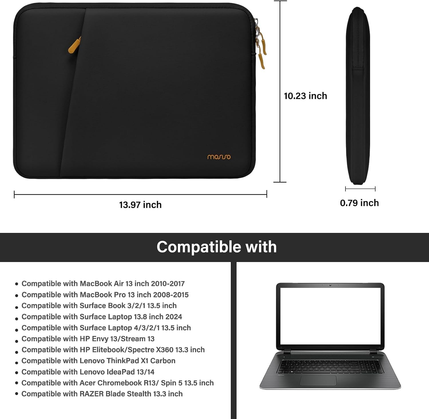 Sleeve for 13-13.3 inch Laptop, Neoprene Carrying Bag with Bevel Pocket, Black
